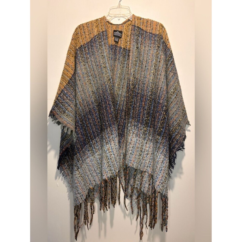Angie Kimono Shawl No Arm Holes Fringe Hem Detail Dark Colors One Size